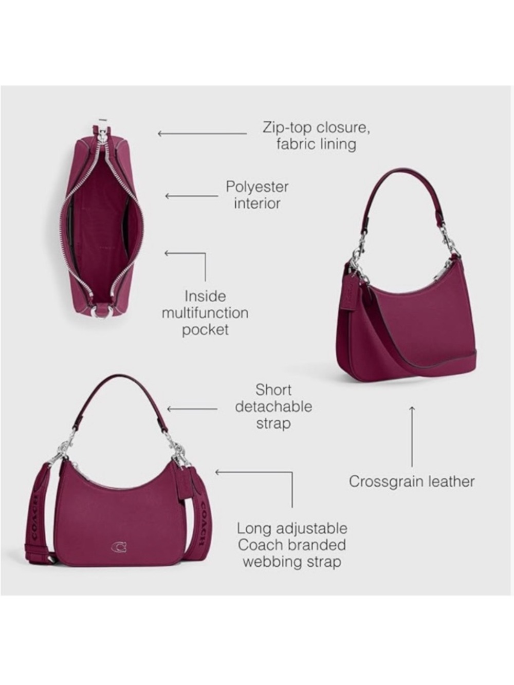 Coach Deep Plum Hobo Crossbody Bag Crossgrain Leather 3 Straps - Picture 2 of 12